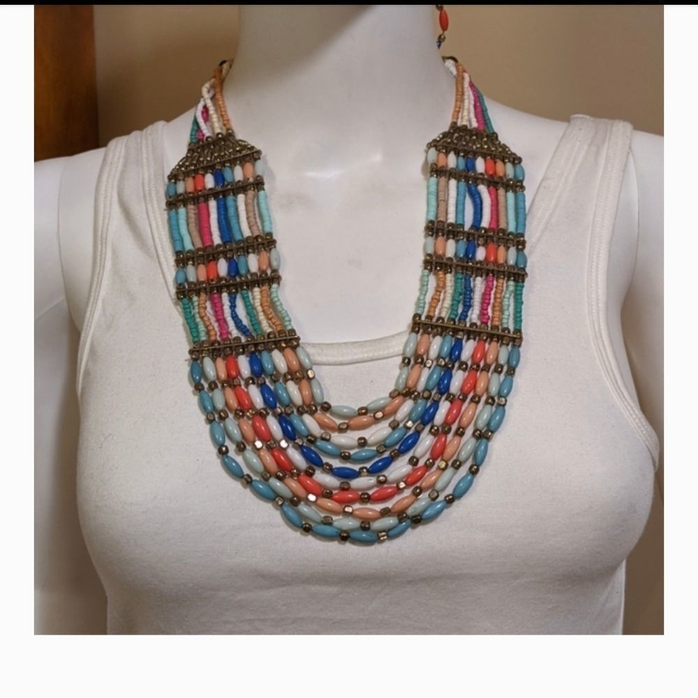 Vintage multi color full chest bead statement Necklace & matching hoop earrings
